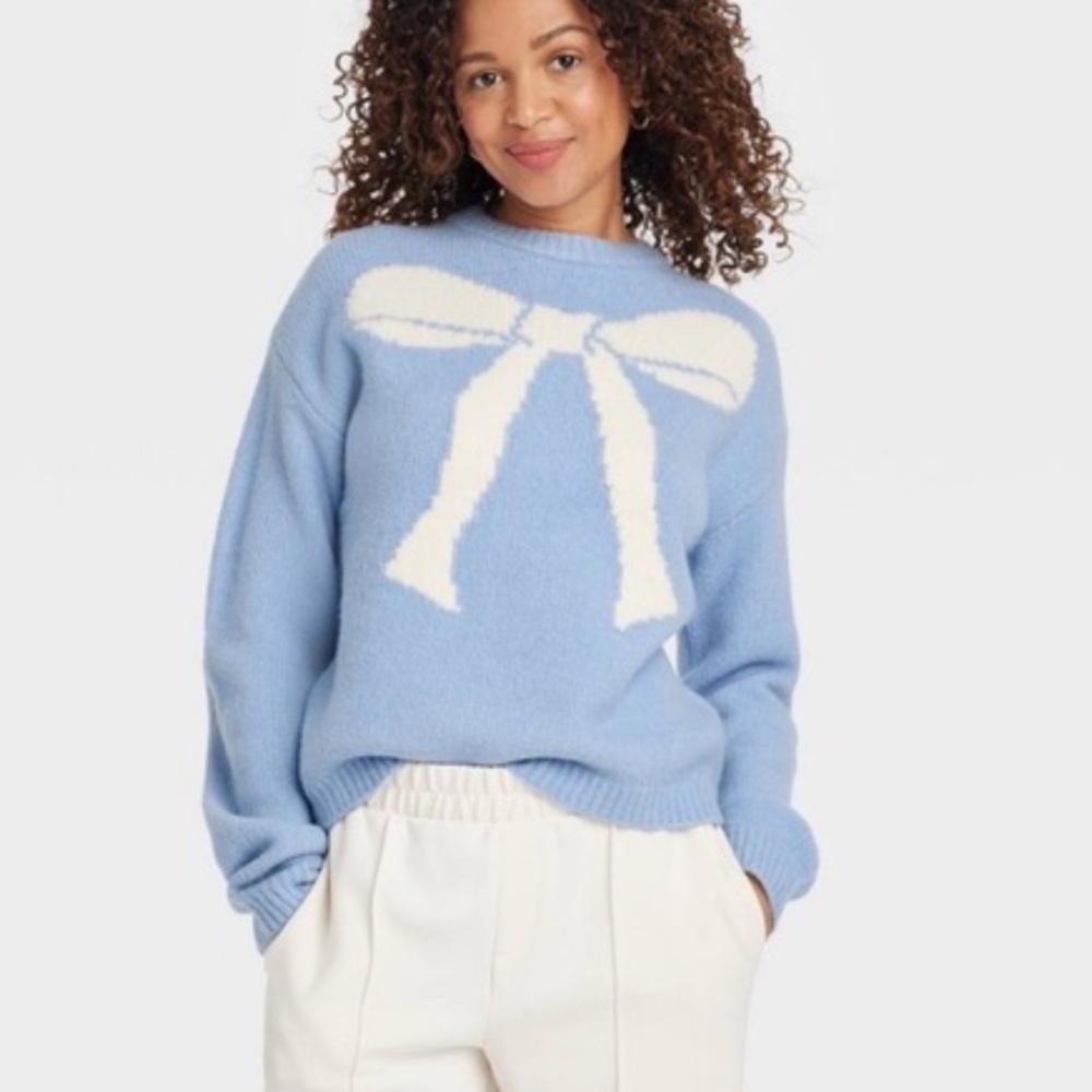 a new day Light Blue Crewneck Sweater with White Bow